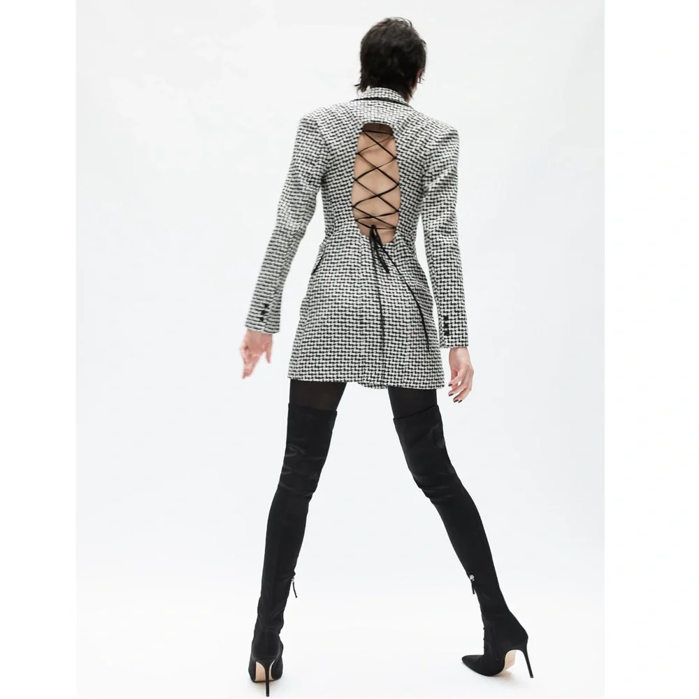 ZARA Tweed Houndstooth Lace Up Open Back Preppy Academia Blazer Mini Dress S - Picture 5 of 16